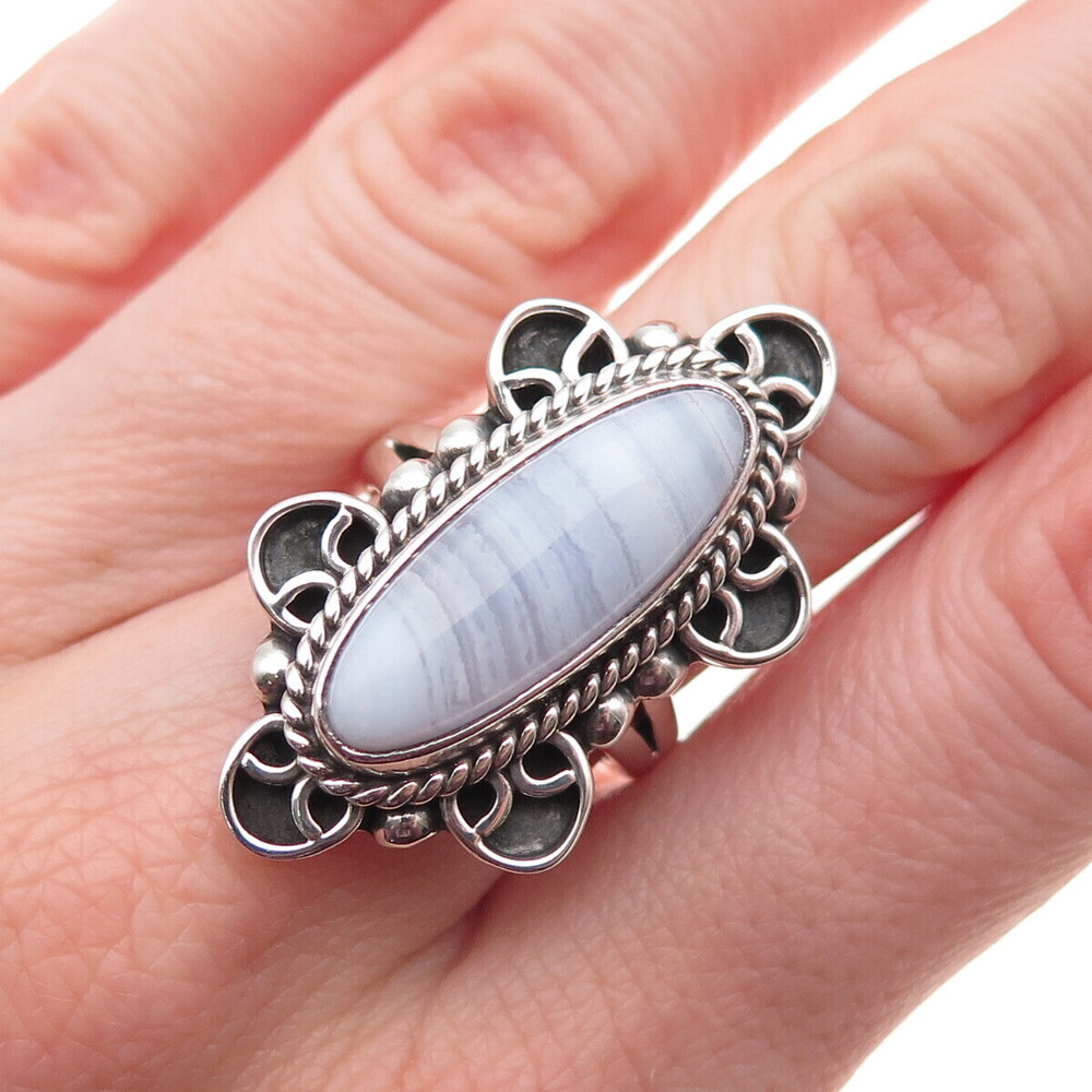 925 Sterling Silver Vintage CII Mexico Real Lace Agate Oxidized Ring Size 7
